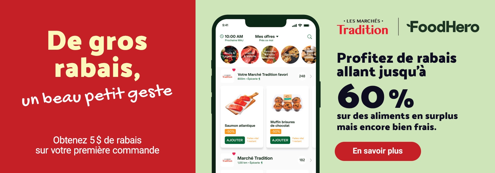 Lecture du texte : « Grande idée, grandes économies. Économisez 5 $ sur votre première commande. Obtenez jusqu'à 60 % de réduction sur les surplus alimentaires parfaitement frais. Cliquez sur le bouton CTA 'En savoir plus' à droite. »